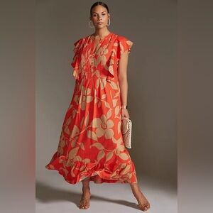 Anthropologie Maeve Cassandra Pleated Ruffle Floral Dress